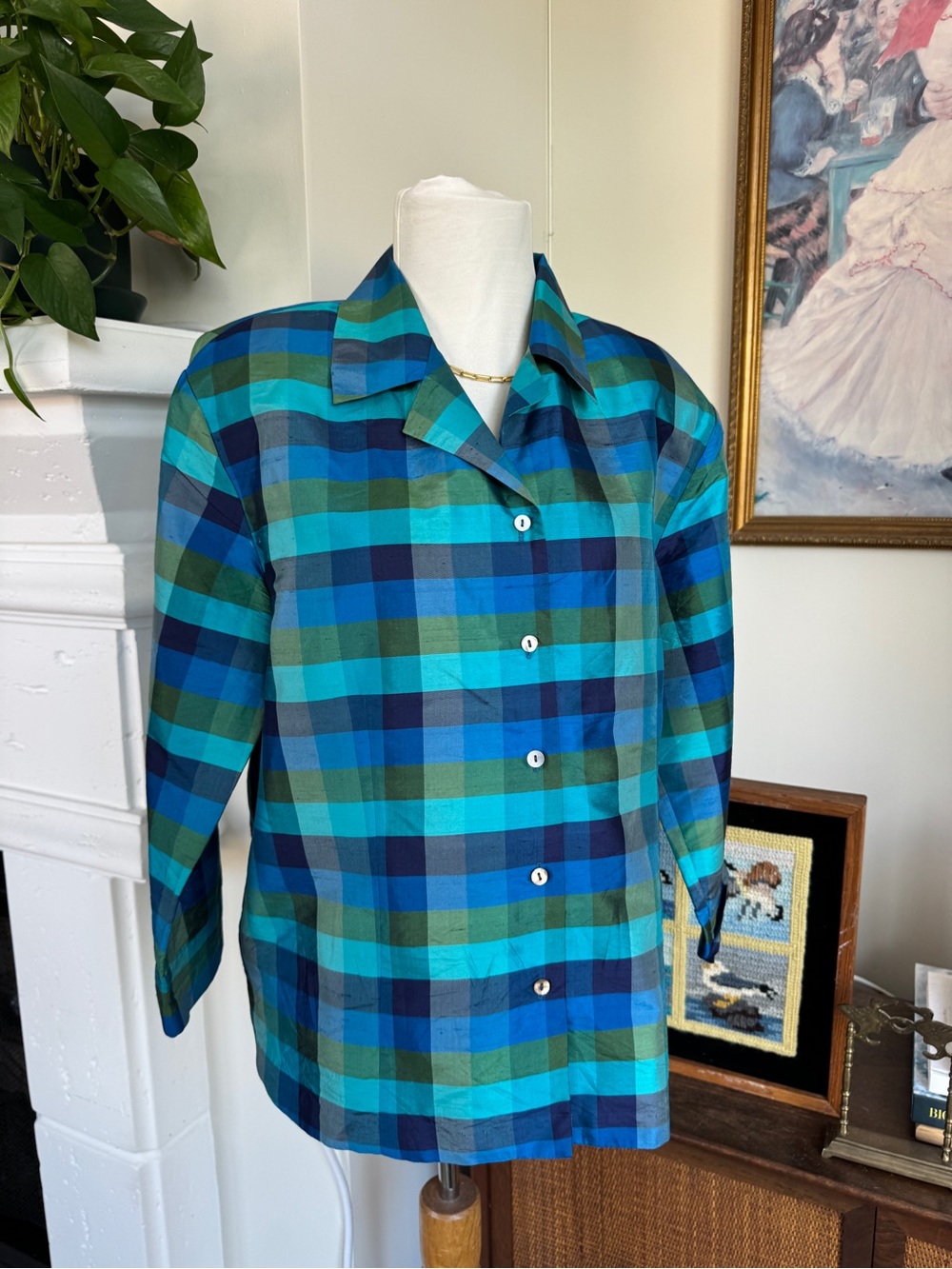 Notations Teal, Navy & Green Plaid Silk Button-Up